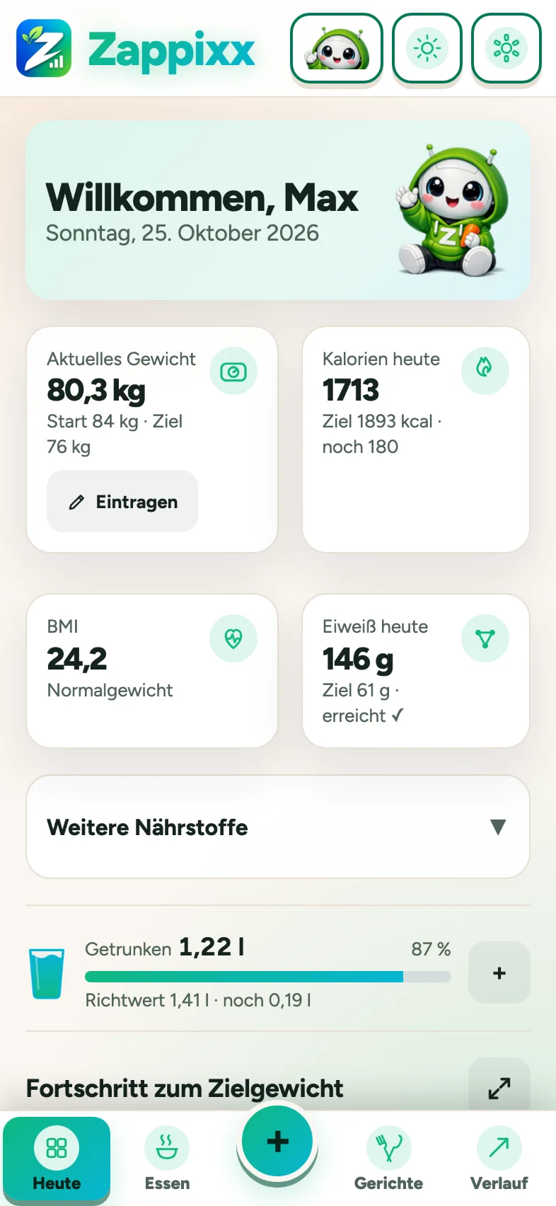 Zappixx-App, Seite „Heute“: Gewicht, Kalorien, BMI, Eiweiß und Trinkmenge auf einen Blick