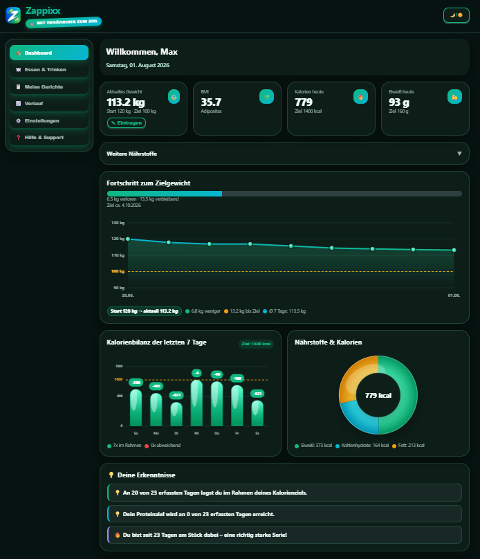Zappixx Dashboard, dunkles Design